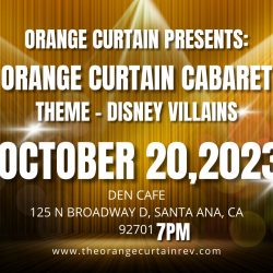 Orange Curtain Cabaret Volume one - October 20, 2023. Gold Stage Light Coming Soon Card Landscape - 3